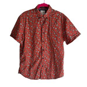 DENIM & FLOWER by Ricky Singh Orange Red Floral Mens Short Sleeve Button Down, M